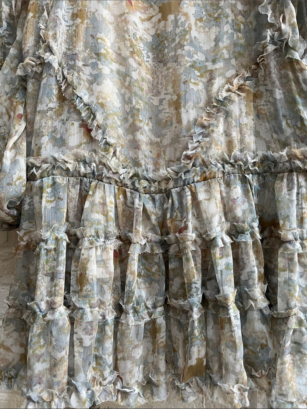 OPT Green Gray longsleeve V neck Chiffon mini dress Ruffle trim Adjustable ties - Picture 12 of 16